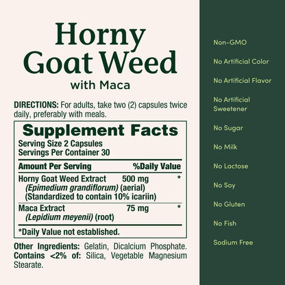 Nature's Bounty Horny Goat Weed mit Maca – Pflanzliches Nahrungsergänzungsmittel, 60 Kapseln