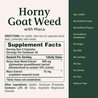 Nature's Bounty Horny Goat Weed mit Maca – Pflanzliches Nahrungsergänzungsmittel, 60 Kapseln