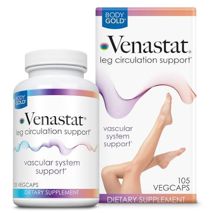 Body Gold Venastat – Krampfadern Unterstützung & Beinvenen Nahrungsergänzung mit Rosskastanie & Diosmin für Männer & Frauen, Gesunder Blutfluss – 105 vegane Kapseln