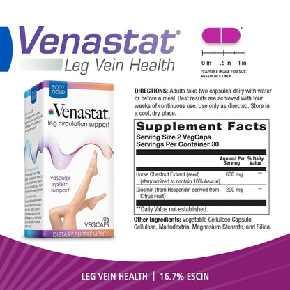 Body Gold Venastat – Krampfadern Unterstützung & Beinvenen Nahrungsergänzung mit Rosskastanie & Diosmin für Männer & Frauen, Gesunder Blutfluss – 105 vegane Kapseln