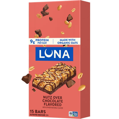 LUNA Bar Nutz Over Chocolate – 15er-Pack, glutenfrei, nicht-GVO, 7-9 g Protein