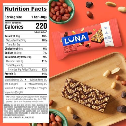 LUNA Bar Nutz Over Chocolate – 15er-Pack, glutenfrei, nicht-GVO, 7-9 g Protein