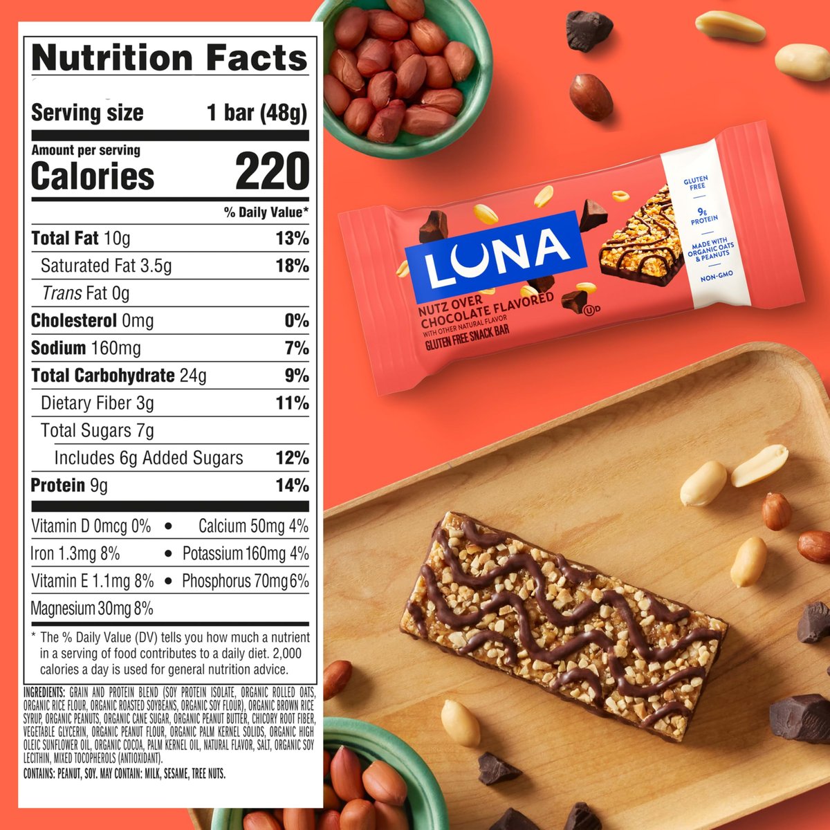 LUNA Bar Nutz Over Chocolate – 15er-Pack, glutenfrei, nicht-GVO, 7-9 g Protein