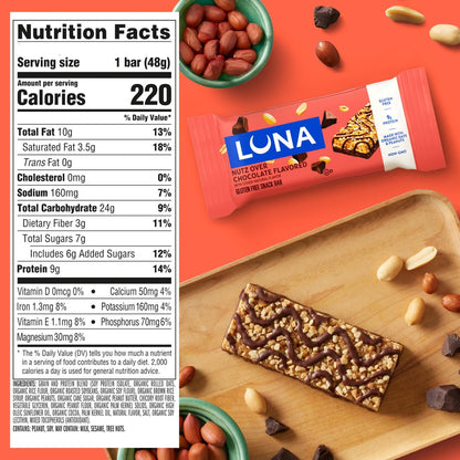 LUNA Bar Nutz Over Chocolate – 15er-Pack, glutenfrei, nicht-GVO, 7-9 g Protein