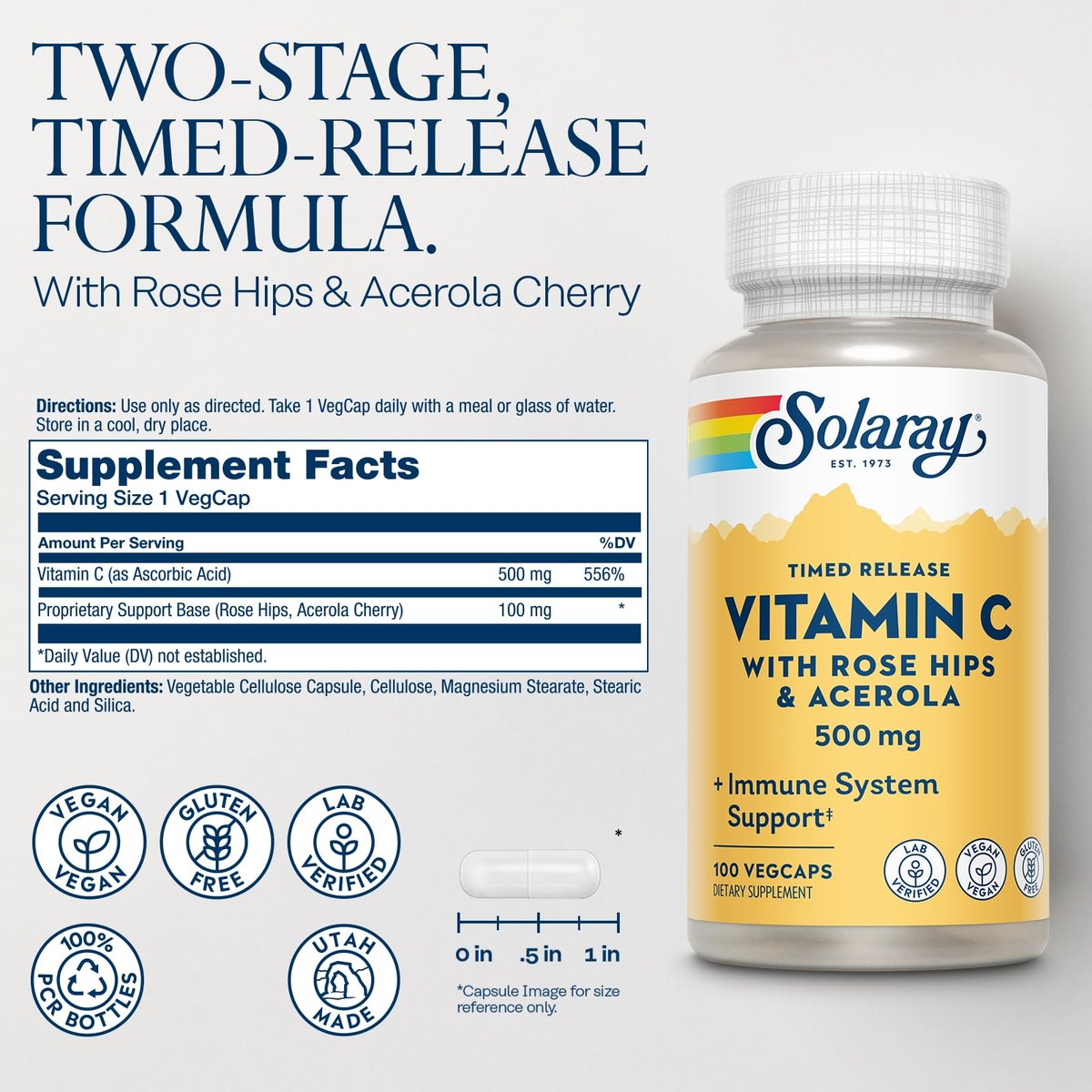 SOLARAY Vitamin C 500 mg mit Zweistufiger Zeitverzögerter Freisetzung - Antioxidans und Immunsystem-Unterstützung - mit Hagebutte und Acerola, Vegan, Glutenfrei, 60-Tage-Garantie, 100 Portionen, 100 VegKaps