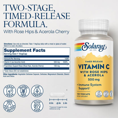 SOLARAY Vitamin C 500 mg mit Zweistufiger Zeitverzögerter Freisetzung - Antioxidans und Immunsystem-Unterstützung - mit Hagebutte und Acerola, Vegan, Glutenfrei, 60-Tage-Garantie, 100 Portionen, 100 VegKaps