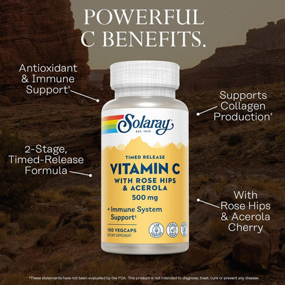 SOLARAY Vitamin C 500 mg mit Zweistufiger Zeitverzögerter Freisetzung - Antioxidans und Immunsystem-Unterstützung - mit Hagebutte und Acerola, Vegan, Glutenfrei, 60-Tage-Garantie, 100 Portionen, 100 VegKaps