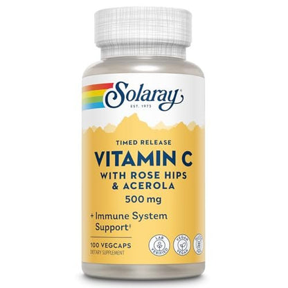 SOLARAY Vitamin C 500 mg mit Zweistufiger Zeitverzögerter Freisetzung - Antioxidans und Immunsystem-Unterstützung - mit Hagebutte und Acerola, Vegan, Glutenfrei, 60-Tage-Garantie, 100 Portionen, 100 VegKaps