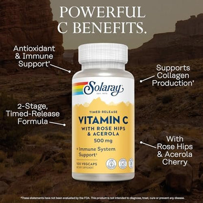 SOLARAY Vitamin C 500 mg mit Zweistufiger Zeitverzögerter Freisetzung - Antioxidans und Immunsystem-Unterstützung - mit Hagebutte und Acerola, Vegan, Glutenfrei, 60-Tage-Garantie, 100 Portionen, 100 VegKaps