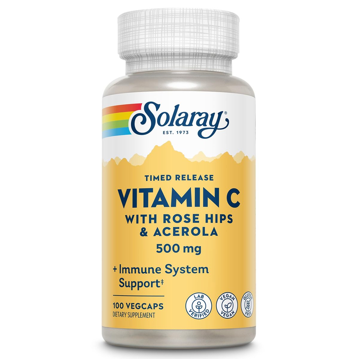 SOLARAY Vitamin C 500 mg mit Zweistufiger Zeitverzögerter Freisetzung - Antioxidans und Immunsystem-Unterstützung - mit Hagebutte und Acerola, Vegan, Glutenfrei, 60-Tage-Garantie, 100 Portionen, 100 VegKaps