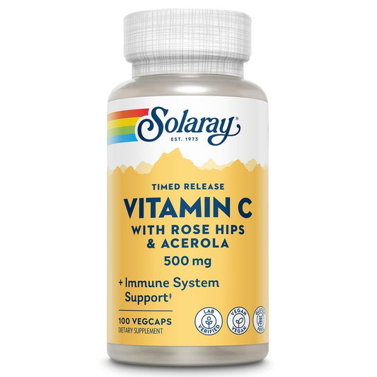 SOLARAY Vitamin C 500 mg mit Zweistufiger Zeitverzögerter Freisetzung - Antioxidans und Immunsystem-Unterstützung - mit Hagebutte und Acerola, Vegan, Glutenfrei, 60-Tage-Garantie, 100 Portionen, 100 VegKaps