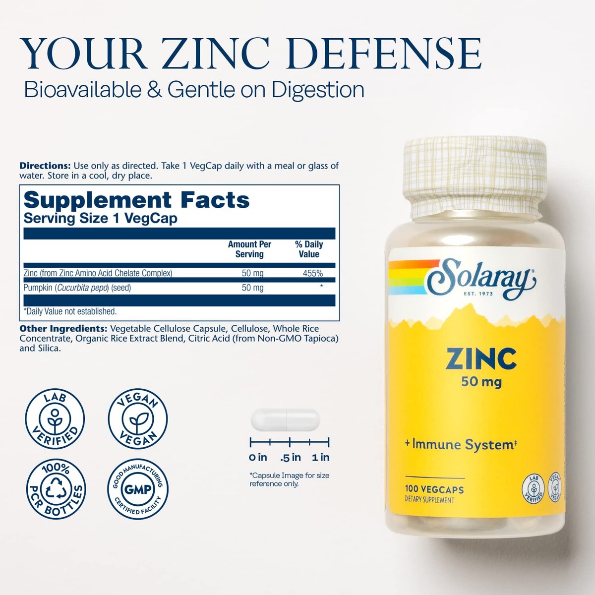 SOLARAY Zink 50mg Kapseln – Immununterstützung mit Kürbiskernen, 100 Stück, Vegan