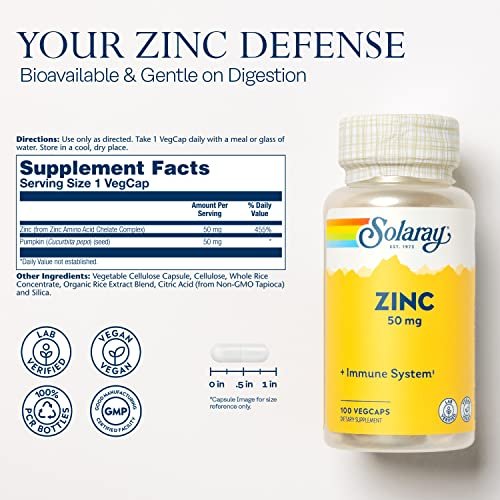 SOLARAY Zink 50mg Kapseln – Immununterstützung mit Kürbiskernen, 100 Stück, Vegan