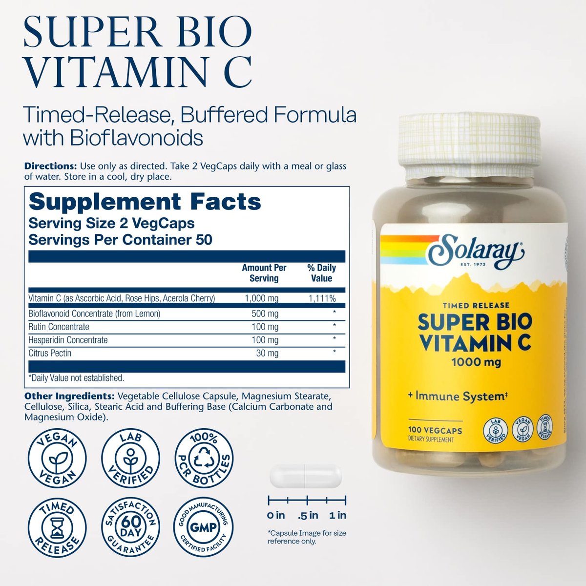 SOLARAY Super Bio Gepuffertes Vitamin C 1000mg – Zweistufig, Zeitverzögert, Mit Bioflavonoiden – Immununterstützung, Hohe Absorption, Vegan, 60-Tage-Garantie, 50 Portionen, 100 VegCaps