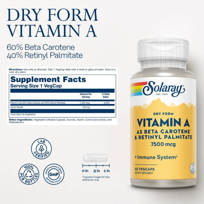 SOLARAY Trockenes Vitamin A – Vitamin A als 60 % Beta-Carotin und 40 % Retinylpalmitat mit Karottenpulver – Unterstützung für Augen, antioxidative Aktivität und Immunsystem – 60 Portionen, 60 VegKaps