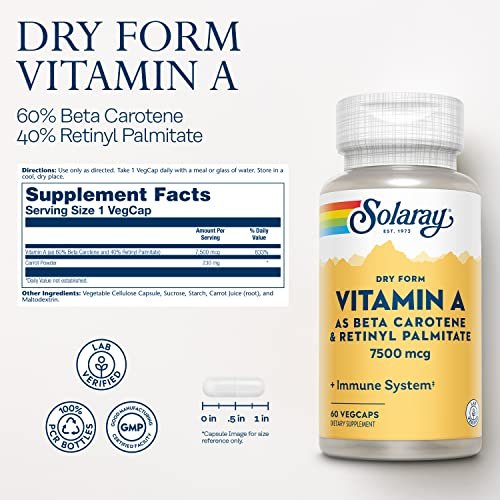 SOLARAY Trockenes Vitamin A – Vitamin A als 60 % Beta-Carotin und 40 % Retinylpalmitat mit Karottenpulver – Unterstützung für Augen, antioxidative Aktivität und Immunsystem – 60 Portionen, 60 VegKaps