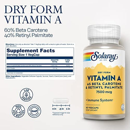 SOLARAY Trockenes Vitamin A – Vitamin A als 60 % Beta-Carotin und 40 % Retinylpalmitat mit Karottenpulver – Unterstützung für Augen, antioxidative Aktivität und Immunsystem – 60 Portionen, 60 VegKaps