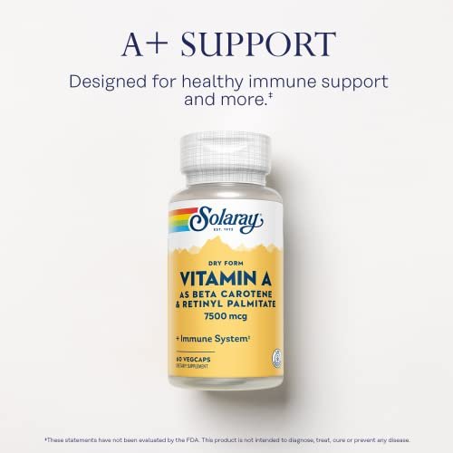 SOLARAY Trockenes Vitamin A – Vitamin A als 60 % Beta-Carotin und 40 % Retinylpalmitat mit Karottenpulver – Unterstützung für Augen, antioxidative Aktivität und Immunsystem – 60 Portionen, 60 VegKaps