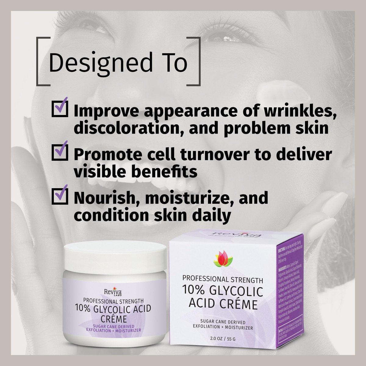 Reviva Labs 10% Glykolsäure Creme – Tägliche Feuchtigkeitspflege und mildes Peeling mit Alpha-Hydroxysäure aus natürlichem Zuckerrohr