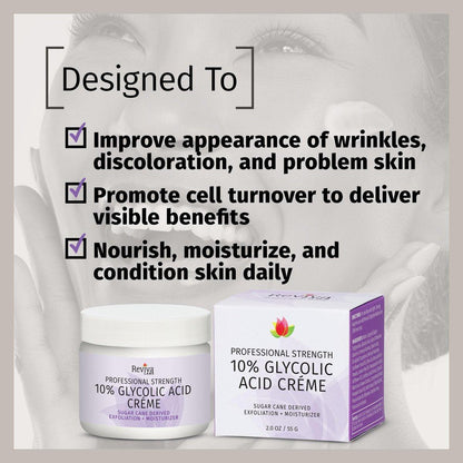 Reviva Labs 10% Glykolsäure Creme – Tägliche Feuchtigkeitspflege und mildes Peeling mit Alpha-Hydroxysäure aus natürlichem Zuckerrohr