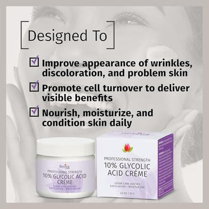 Reviva Labs 10% Glykolsäure Creme – Tägliche Feuchtigkeitspflege und mildes Peeling mit Alpha-Hydroxysäure aus natürlichem Zuckerrohr