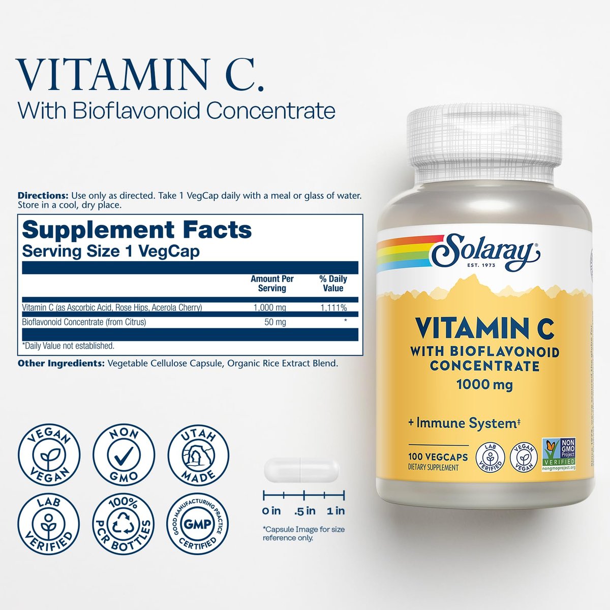 SOLARAY Vitamin C mit Bioflavonoid-Konzentrat - Hagebutte, Acerola-Kirsche und Bioflavonoide - Vitamin C 1000mg - Unterstützt Immunsystem, Haut, Haare, Nägel - Vegan - 100 Portionen, 100 VegCaps