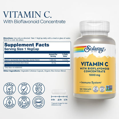 SOLARAY Vitamin C mit Bioflavonoid-Konzentrat - Hagebutte, Acerola-Kirsche und Bioflavonoide - Vitamin C 1000mg - Unterstützt Immunsystem, Haut, Haare, Nägel - Vegan - 100 Portionen, 100 VegCaps