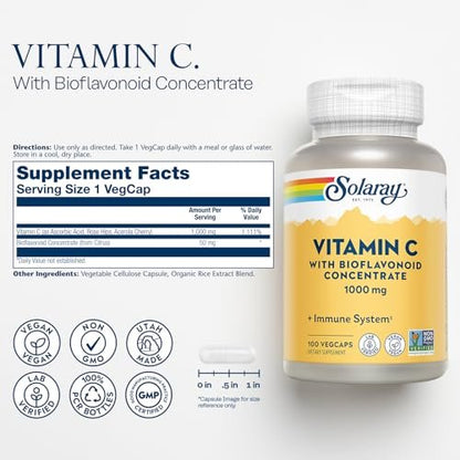 SOLARAY Vitamin C mit Bioflavonoid-Konzentrat - Hagebutte, Acerola-Kirsche und Bioflavonoide - Vitamin C 1000mg - Unterstützt Immunsystem, Haut, Haare, Nägel - Vegan - 100 Portionen, 100 VegCaps