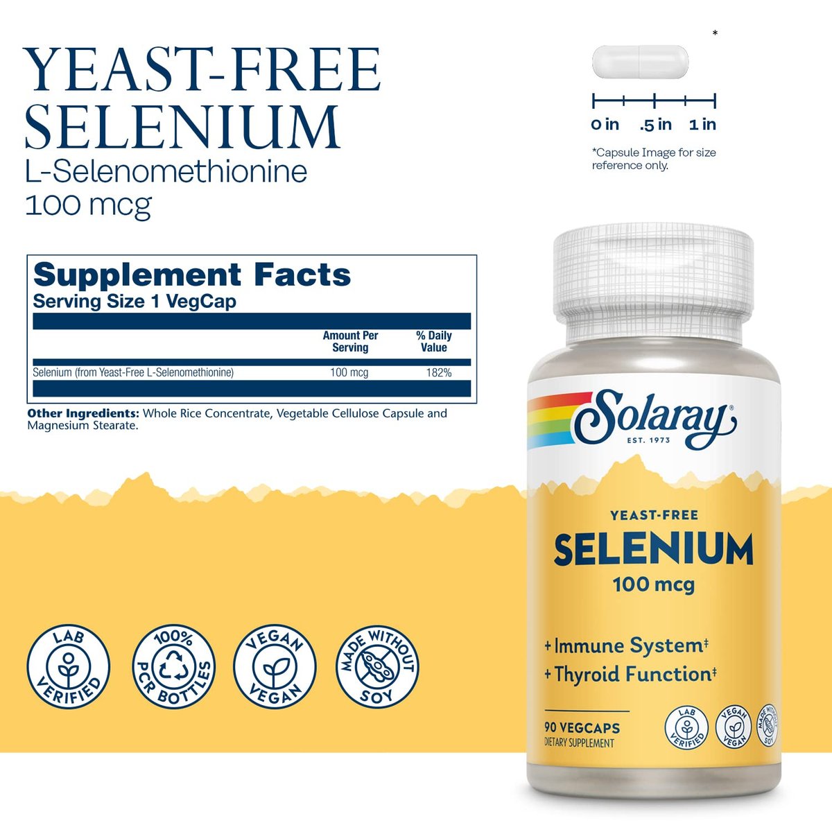SOLARAY Selen 100 mcg Nahrungsergänzungsmittel für Frauen & Männer - Selen 100mcg Kapseln, Schilddrüsen- & Immununterstützung, Hefefrei, L-Selenomethionin, Antioxidans, Vegan - 90 Veg Kapseln