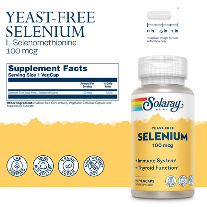 SOLARAY Selen 100 mcg Nahrungsergänzungsmittel für Frauen & Männer - Selen 100mcg Kapseln, Schilddrüsen- & Immununterstützung, Hefefrei, L-Selenomethionin, Antioxidans, Vegan - 90 Veg Kapseln