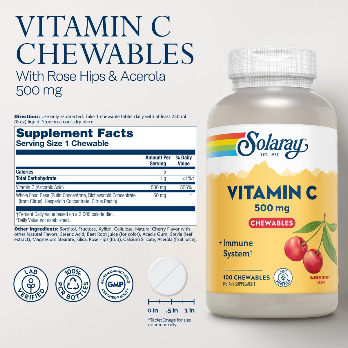 SOLARAY Vitamin C 500 mg Lutschtabletten mit natürlichem Kirschgeschmack – Immununterstützung & Antioxidans, 100 Lutschtabletten