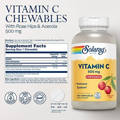 SOLARAY Vitamin C 500 mg Lutschtabletten mit natürlichem Kirschgeschmack – Immununterstützung & Antioxidans, 100 Lutschtabletten