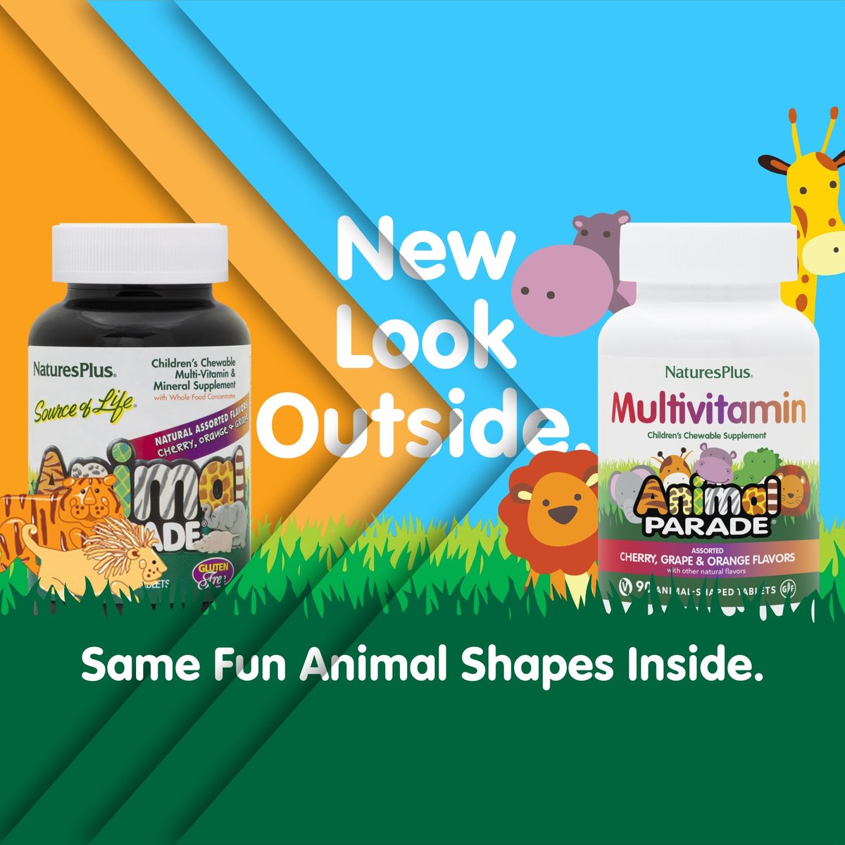 NaturesPlus Animal Parade Kinder Multivitamin zum Kauen – 90 tierförmige Tabletten – Natürliche Mischgeschmacksrichtungen – Vegetarisch, Glutenfrei – 45 Portionen