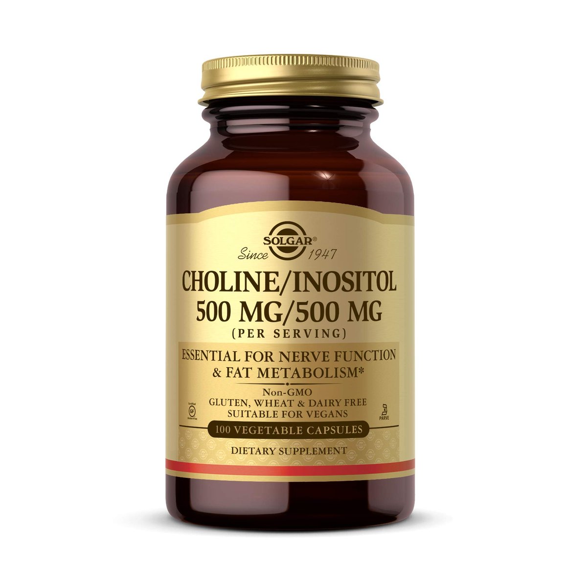 Solgar Choline/Inositol 500 mg/500 mg, 100 Kapseln - Energie, Lebergesundheit, Gehirn & Nerven - Vegan, Glutenfrei, Nicht-GVO