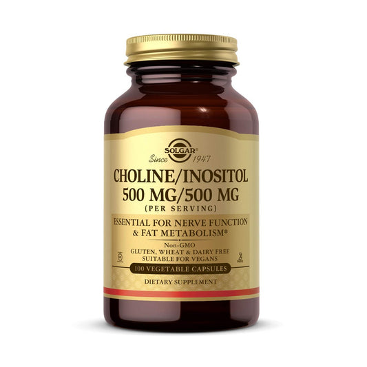 Solgar Choline/Inositol 500 mg/500 mg, 100 Kapseln - Energie, Lebergesundheit, Gehirn & Nerven - Vegan, Glutenfrei, Nicht-GVO