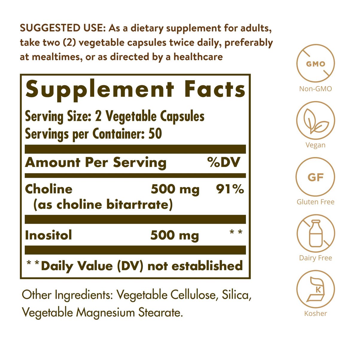 Solgar Choline/Inositol 500 mg/500 mg, 100 Kapseln - Energie, Lebergesundheit, Gehirn & Nerven - Vegan, Glutenfrei, Nicht-GVO