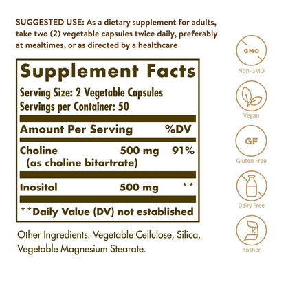Solgar Choline/Inositol 500 mg/500 mg, 100 Kapseln - Energie, Lebergesundheit, Gehirn & Nerven - Vegan, Glutenfrei, Nicht-GVO