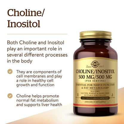 Solgar Choline/Inositol 500 mg/500 mg, 100 Kapseln - Energie, Lebergesundheit, Gehirn & Nerven - Vegan, Glutenfrei, Nicht-GVO