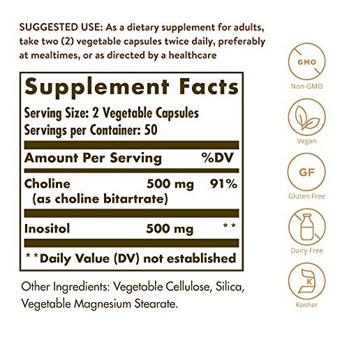 Solgar Choline/Inositol 500 mg/500 mg, 100 Kapseln - Energie, Lebergesundheit, Gehirn & Nerven - Vegan, Glutenfrei, Nicht-GVO