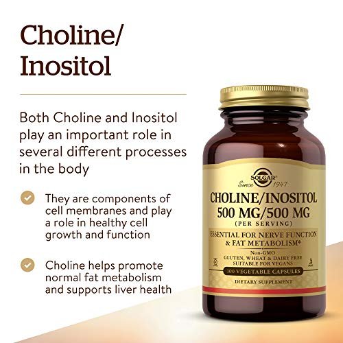 Solgar Choline/Inositol 500 mg/500 mg, 100 Kapseln - Energie, Lebergesundheit, Gehirn & Nerven - Vegan, Glutenfrei, Nicht-GVO