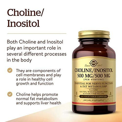 Solgar Choline/Inositol 500 mg/500 mg, 100 Kapseln - Energie, Lebergesundheit, Gehirn & Nerven - Vegan, Glutenfrei, Nicht-GVO