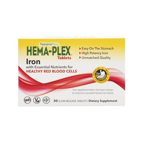 NaturesPlus Hema-Plex Eisen – 30 Tabletten mit langsamer Freisetzung – 85 mg cheliertes Eisen – für die Blutgesundheit – mit Vitamin C & Bioflavonoiden – Nicht-GVO, vegetarisch & glutenfrei