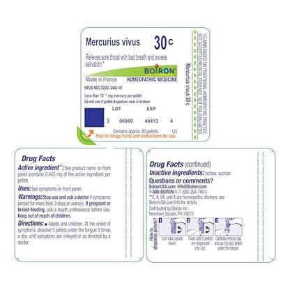 Boiron Mercurius Vivus 30C Homöopathisches Arzneimittel bei Halsschmerzen mit Mundgeruch und übermäßigem Speichelfluss - 80 Kügelchen