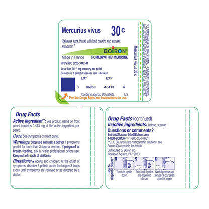 Boiron Mercurius Vivus 30C Homöopathisches Arzneimittel bei Halsschmerzen mit Mundgeruch und übermäßigem Speichelfluss - 80 Kügelchen