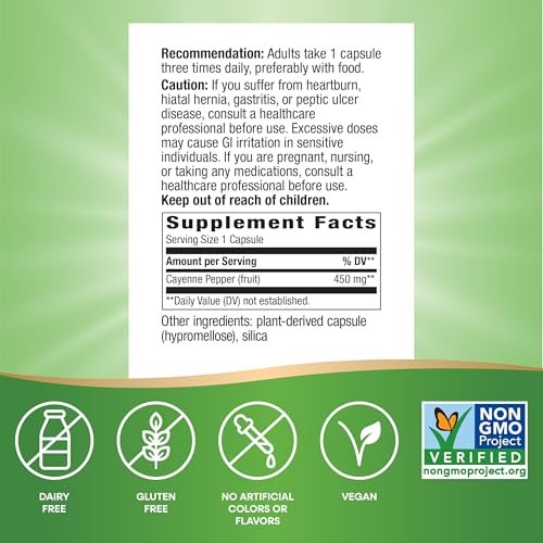 Nature's Way Cayenne Pfeffer Kapseln – Traditionelle Unterstützung für Verdauung und Kreislauf*, Capsaicin, Non-GMO Project verifiziert, glutenfrei, 180 vegane Kapseln (Verpackung kann variieren)