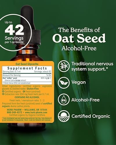 Herb Pharm Haferkraut, alkoholfreier flüssiger Kräuterextrakt: Traditionelle Unterstützung für das Nervensystem | Bio-Hafer-Tinktur | Vegan, glutenfrei, ca. 3-Wochen-Vorrat, 30 ml