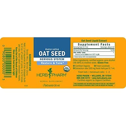 Herb Pharm Haferkraut, alkoholfreier flüssiger Kräuterextrakt: Traditionelle Unterstützung für das Nervensystem | Bio-Hafer-Tinktur | Vegan, glutenfrei, ca. 3-Wochen-Vorrat, 30 ml