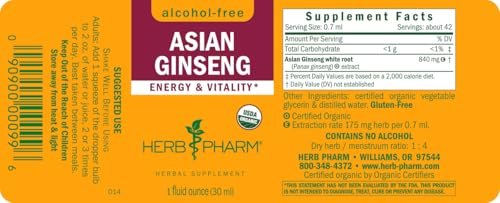 Herb Pharm Asiatischer (Panax) Ginseng Flüssig-Glycerit für Energie und Ausdauer, alkoholfrei, 29,6 ml