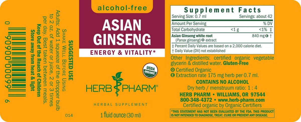 Herb Pharm Asiatischer (Panax) Ginseng Flüssig-Glycerit für Energie und Ausdauer, alkoholfrei, 29,6 ml