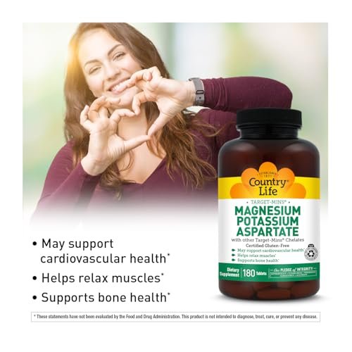 Country Life Magnesium- und Kaliumpräparat für Herzgesundheit, Immunsystem und Knochen – 180 Tabletten, glutenfrei